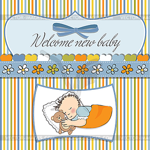 Baby shower card with little baby boy sleep with hi - vector clip art