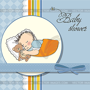 Baby shower card with little baby boy sleep with hi - vector image