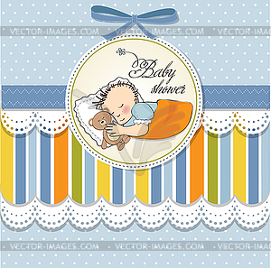 Baby shower card with little baby boy sleep with hi - vector clip art