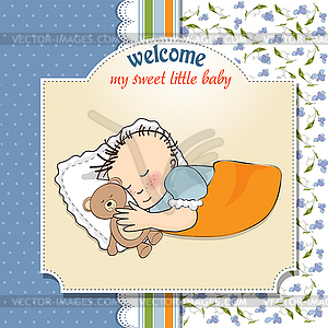 Baby shower card with little baby boy sleep with hi - vector clipart