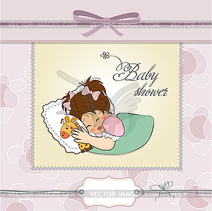 Baby shower card with little girl and her toy - vector EPS clipart