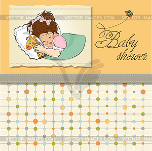 Baby shower card with little girl and her toy - stock vector clipart