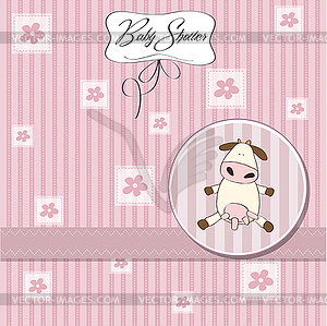 New baby girl announcement card with cow - vector image