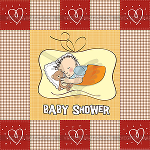 Baby shower card with little baby boy sleep with hi - vector image