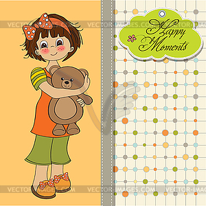 Young girl going to sleep with her favorite toy, - vector image