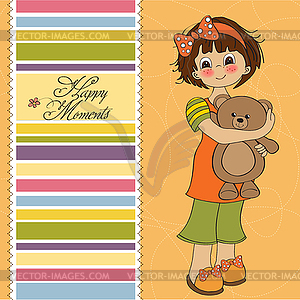 Young girl going to sleep with her favorite toy, - vector clip art