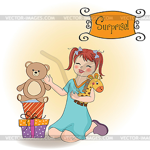 Little girl playing with her birthday gifts . - vector clip art