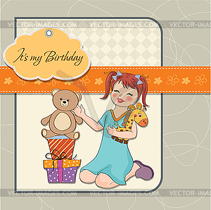 Little girl playing with her birthday gifts . - vector clipart