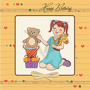 Little girl playing with her birthday gifts . - vector clipart