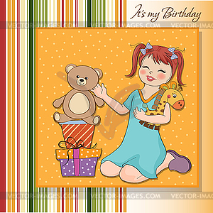 Little girl playing with her birthday gifts . - vector image