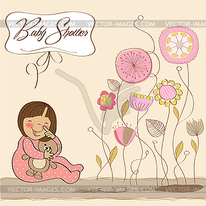 Little baby girl play with her teddy bear toy - stock vector clipart