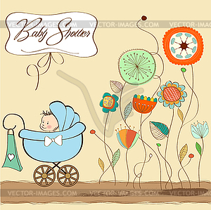 Baby boy announcement card with baby and pram - vector clip art