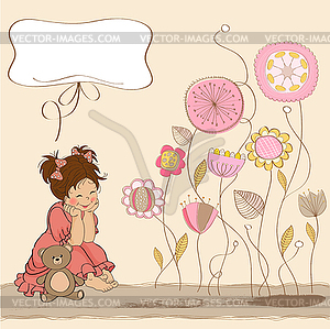 Little baby girl play with her teddy bear toy - vector image