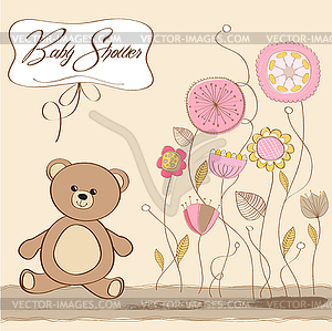 Romantic baby girl announcement card with teddy bear - vector image