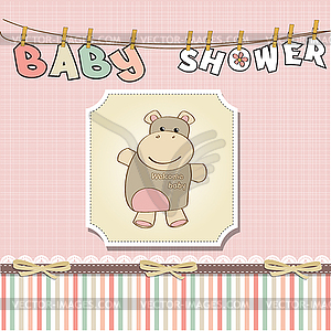 Childish baby girl announcement card with hippo toy - vector clipart