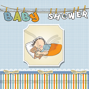 Baby shower card with little baby boy sleep with hi - vector clipart