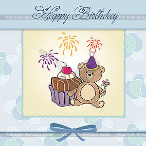 Birthday greeting card with girl and big cupcake - vector image