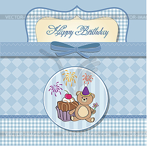 Birthday greeting card with girl and big cupcake - vector image