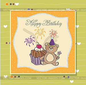 Birthday greeting card with girl and big cupcake - vector clipart