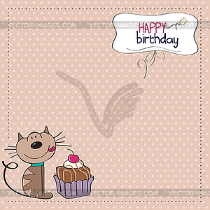 Birthday greeting card with cat waiting to eat cake - vector image