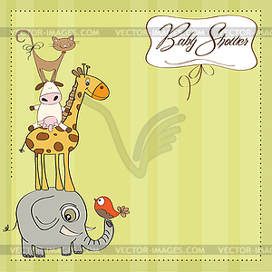 Baby shower card with funny pyramid of animals - vector clipart