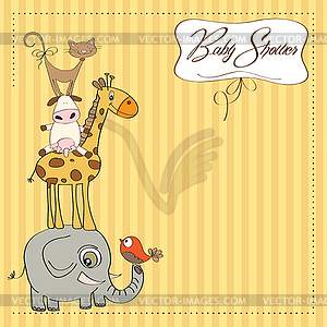 Baby shower card with funny pyramid of animals - vector image