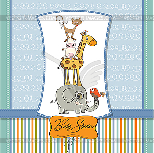 Baby shower card with funny pyramid of animals - vector clip art