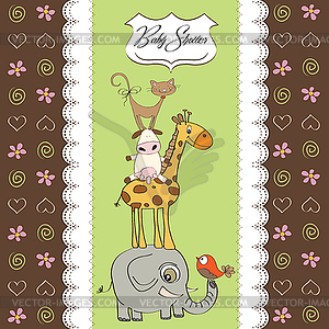 Baby shower card with funny pyramid of animals - vector clipart