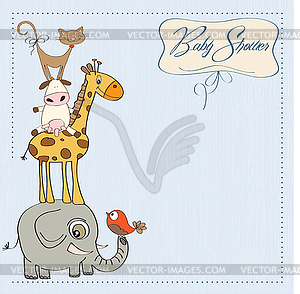 Baby shower card with funny pyramid of animals - vector clipart / vector image