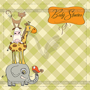 Baby shower card with funny pyramid of animals - vector image