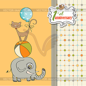 First anniversary card with pyramid of animals - vector clipart