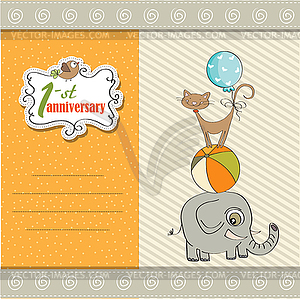 First anniversary card with pyramid of animals - color vector clipart