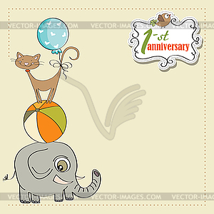 First anniversary card with pyramid of animals - vector clip art