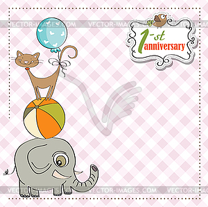 First anniversary card with pyramid of animals - vector clipart