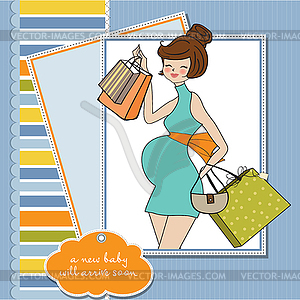 Baby announcement card with beautiful pregnant woma - vector clipart