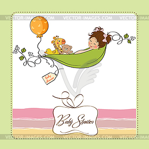 Little girl siting in pea been. baby announcement - vector image