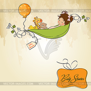 Little girl siting in pea been. baby announcement - vector clipart
