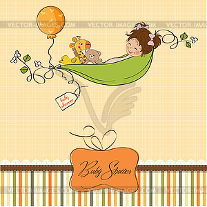 Little girl siting in pea been. baby announcement - color vector clipart