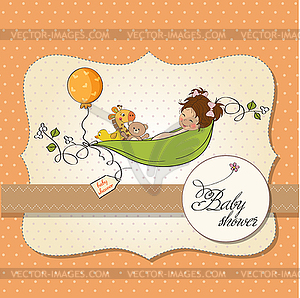 Little girl siting in pea been. baby announcement - vector image