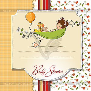 Little girl siting in pea been. baby announcement - vector clipart