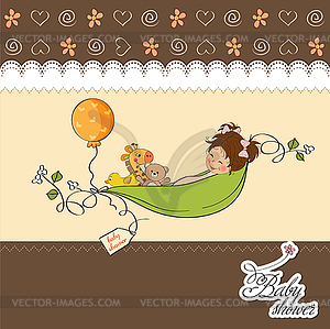 Little girl siting in pea been. baby announcement - vector clip art