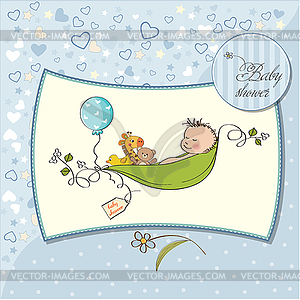 Little boy sleeping in pea been, baby announcement - vector clipart