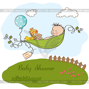 Little boy sleeping in pea been, baby announcement - vector image