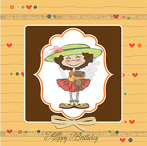 Cute birthday greeting card with girl and her - vector clip art