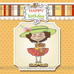Cute birthday greeting card with girl and her - vector clipart / vector image