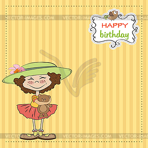 Cute birthday greeting card with girl and her - vector clipart