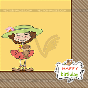 Cute birthday greeting card with girl and her - color vector clipart