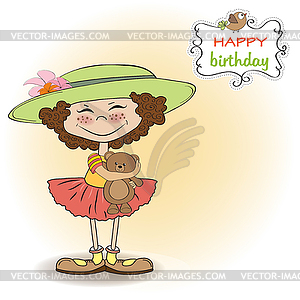 Cute birthday greeting card with girl and her - vector clipart