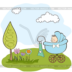 Baby boy announcement card with baby and pram - vector clip art