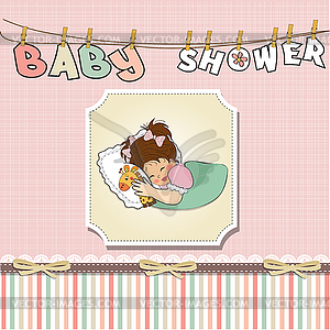 Baby shower card with little girl and her toy - vector clip art